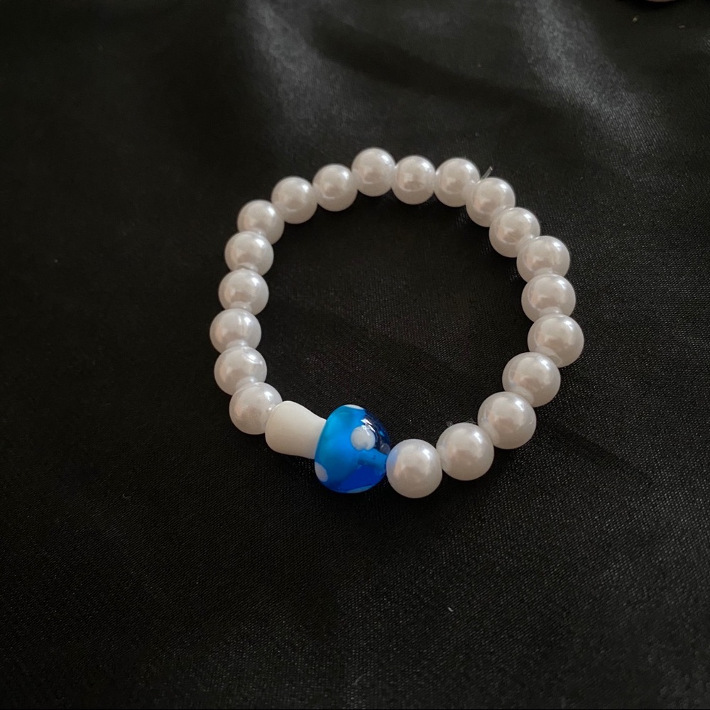 blue mushroom and pearl bracelet handmade